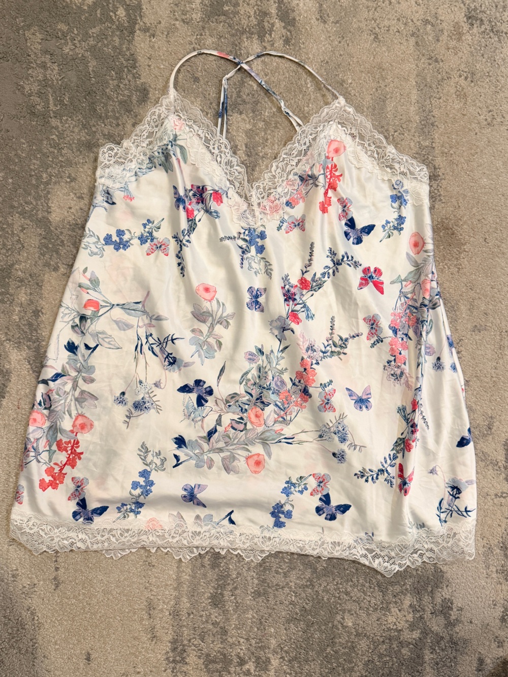 In Bloom Floral Lace-Trim Satin Sleep Skirt -White with Pink & Blue Floral